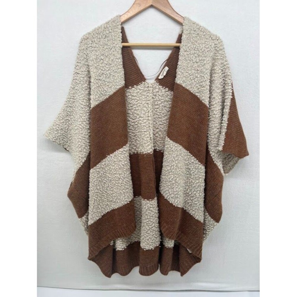 Women's Mystree One Size Open‎ Cardigan Short Sleeve Tan/ White Striped